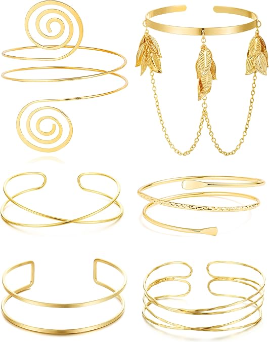 BOMAIL 6 Pcs Gold Arm Cuff Jewelry for Women | Upper Arm Band, Adjustable,Open Arm Bangle,Armband,Coil Swirl Armlet Set,Minimalist,Boho Jewelry