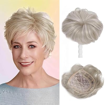 Fine Plus Hair Topper 6.8 x 7 Pixie Cut Short Hair Toppers for Women Fluffy Synthetic Hair Topper Clip in Top Wavy Hair Pieces Silver Blonde Replacement Wiglets
