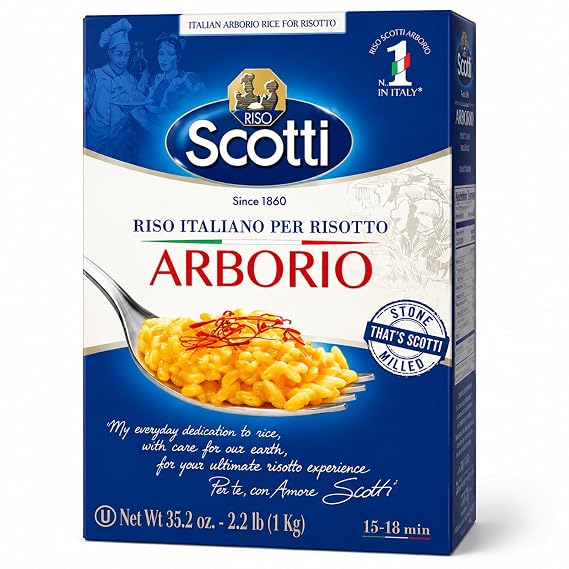 Riso Scotti - Arborio Rice, Risoto Rice, 100% Italian, 2.2 Lb (1 kg) | Chef Selection, Italian Arborio Rice for Risotto, Recipe Included, Gluten Free, Non-GMO, Vacuumed Packed, Product of Italy