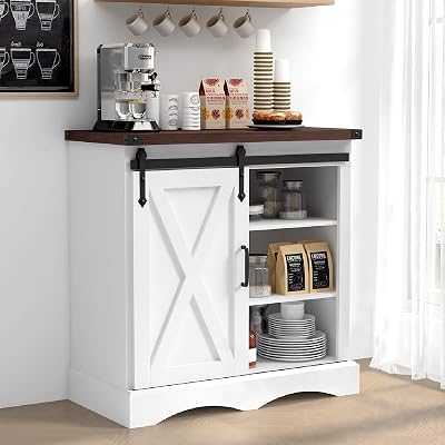 Upgraded 32H Farmhouse Coffee Bar Cabinet wStorage, Thickened Top Kitchen Sideboard Buffet Cabinet wSliding Barn Door, Rustic Accent Console wAdjustable Shelves for Kitchen,Living Room