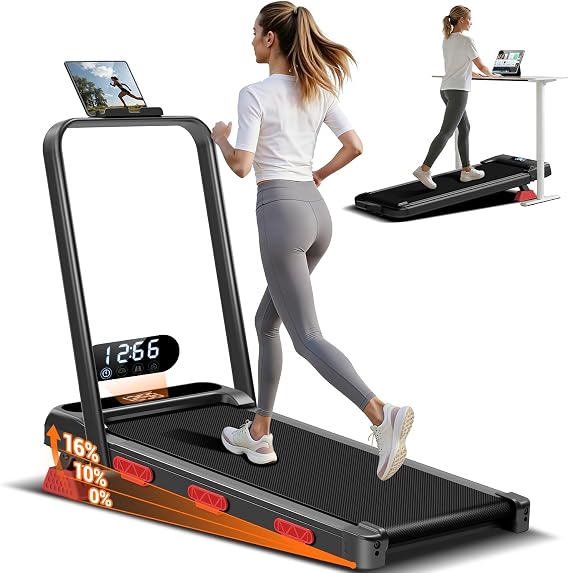 17% Incline Under Desk Treadmill, 4 in 1 Foldable Walking Pad with Adjustable Handrails, 2.5HP Ultra Quiet Brushless Motor, 0.6-6.2 MPH Speed Range, 300 LBS Weight Capacity for Home Small Space a