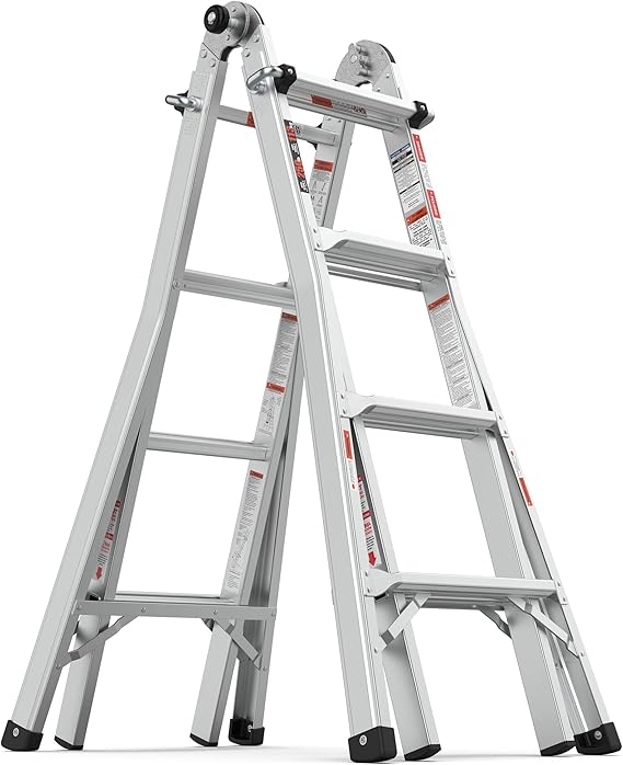 Aluminum Multi-Position Ladder with Wheels, 5-in-1 A Frame Ladder with Extension Ladder Function, Wide Anti-Slip Steps & Secure Hinge Locks for Home Indoor Outdoor Use (17 Ft.)