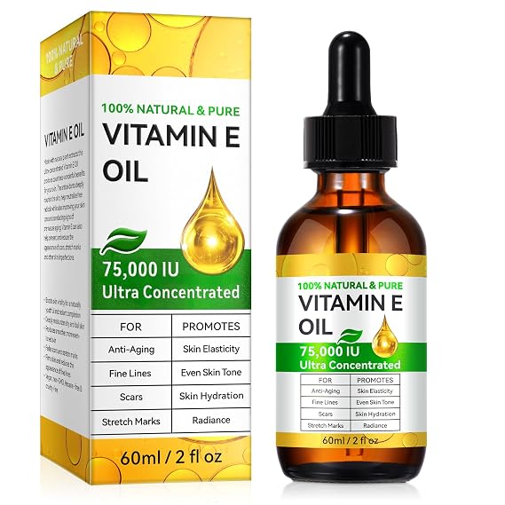Vitamin E Oil, Pure Vitamin E Oil for Skin, Face, Hair & Scars, Vita-min e Oils 75,000 IU, Antioxidant for Dryness, Wrinkles & Stretch Marks, Moisturizing & Firming Skin, Natural Vitamin e oil, 60ML