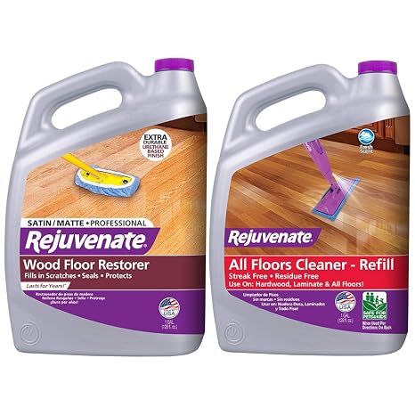 Rejuvenate Professional Wood Floor Restorer and Polish with Durable Finish Application Satin Finish 128oz & All Fllors Cleaner 128oz