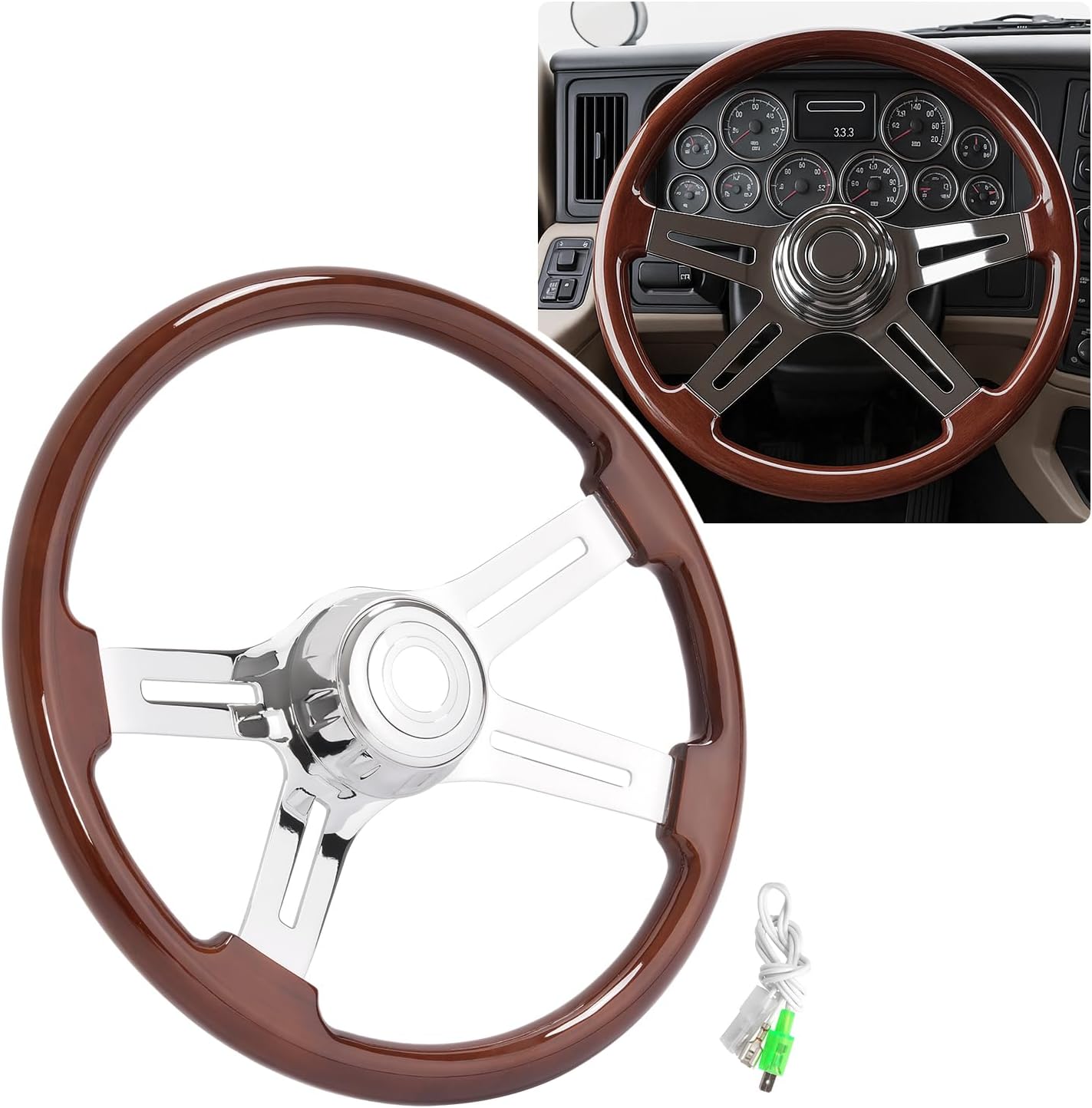 18 Truck Steering Wheel 4 Spoke Compatible with Freightliner Kenworth Peterbilt Volvo Western Star Mack International-Black PU Plastic Steel Woodgrain