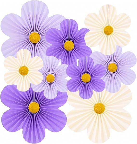 Spring Flower Paper Fan Decorations, 9PCS Party Cream Hanging Fans for Hello Spring Party, Birthday, Wedding, Classroom, Home Office Easter Mother's Day Floral Backdrop Decor -Purple
