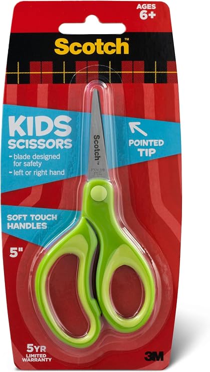 Scotch Kids Pointed Tip Scissors with Soft Touch, 5 (Colors may vary) | Stainless Steel Blades For Classroom Crafts