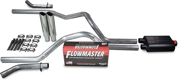 Truck Exhaust Kits - ShopLine Dual Exhaust System 2.5" Aluminized Pipe | Includes Flowmaster Super 40 Series Muffler, 3.5" x 18" Stainless Rolled Edge Tips, Corners of Rear Bumper Exit, Made In USA