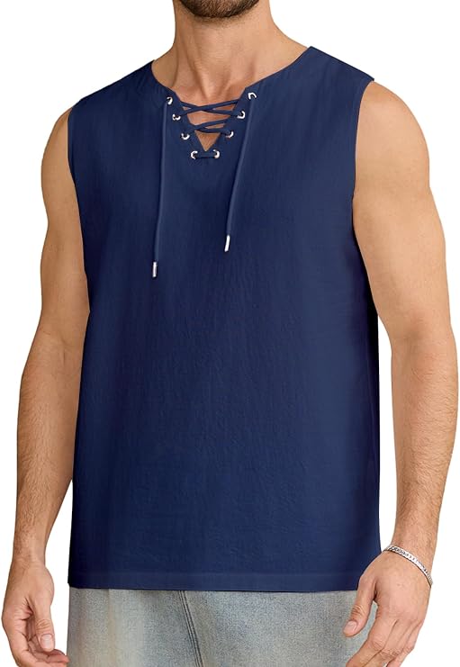 Men's Tank Top Shirts Casual Lace Up Beach Hippie Tops Retro Bohemian Renaissance Pirate Viking Medieval Shirt