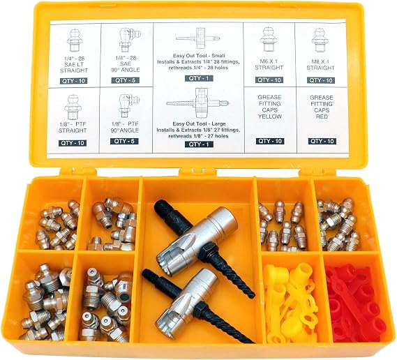 LockNLube Complete Grease Fitting Replacement Kit - SAE and metric Zerks, multi-tools, fitting caps