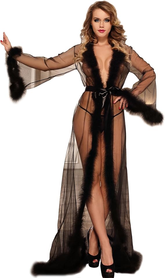 ohyeahlady Women's Long Sheer Mesh Kimono Robe Fur Trim Bridal Lingerie | Luxurious Fur Trim, Floor Length Kimono Style, Elegant Bridal Look, Perfect for Lingerie and Special Occasions