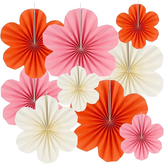 Paper Flowers Decorations for Wall,Paper Fans Party Decorations,9PCS Flower Fan,Pink Hanging Fan Set,Pastel Classroom Decor,Wall Fan Decor for Festival Carnival Summer Pink Wildflower Party