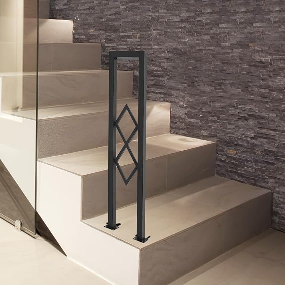 U-Shaped Stair Handrail, Black Industrial Style Railing Multi-Purpose Handrail Decorative Railing for Indoor Stairs Porch Deck Loft Corridor, with Diamond Pattern
