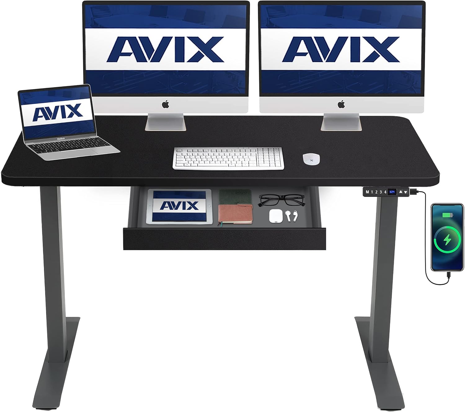 AVIX Dual Motor Electric Standing Desk with Drawer, 48 x 24 Whole Piece Sit-Stand Desk with USB Charging Port, 4 Memory Height Adjustments | Workstation Series