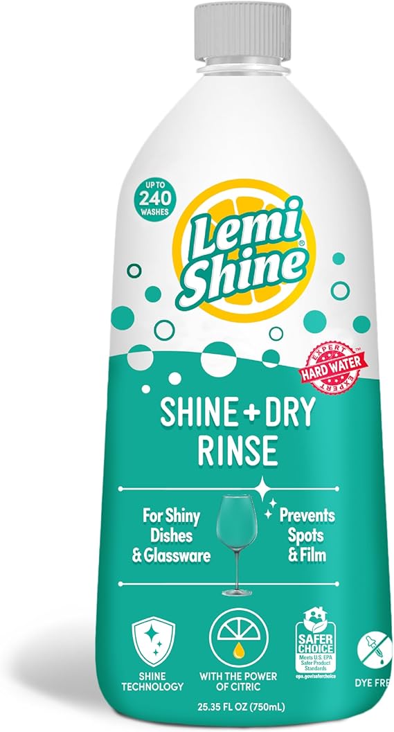 Lemi Shine Shine and Dry Natural Dishwasher Rinse Aid - 25.35 fl oz | Hard Water Stain Remover - Prevents Spots and Film
