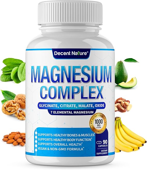Magnesium Complex 7 Elemental Magnesium Supplement 1000mg Magnesium Glycinate, Citrate, Malate, Taurate, Oxide, Aspartate, Orotate Non-GMO 90 Capsules (Pack of 1)
