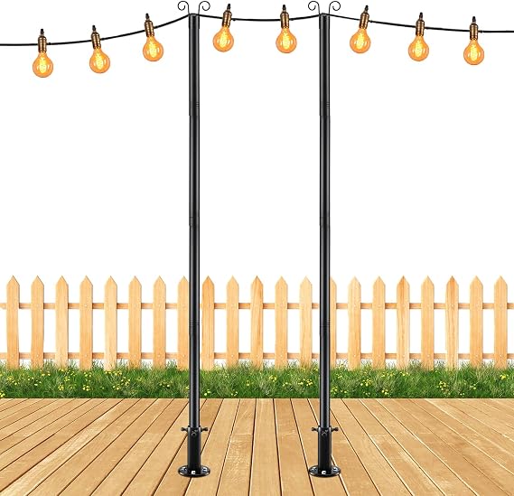 COCONUT 8FT String Light Poles for Outside, 2 Pack Heavy Duty Metal Outdoor String Light Poles for Deck Patio Backyard Garden