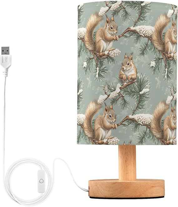 Bedside Lamp Christmas Squirrel Table Lamp with USB Port Wood Base for Living Room,Bedroom,Nightstand 214B7990
