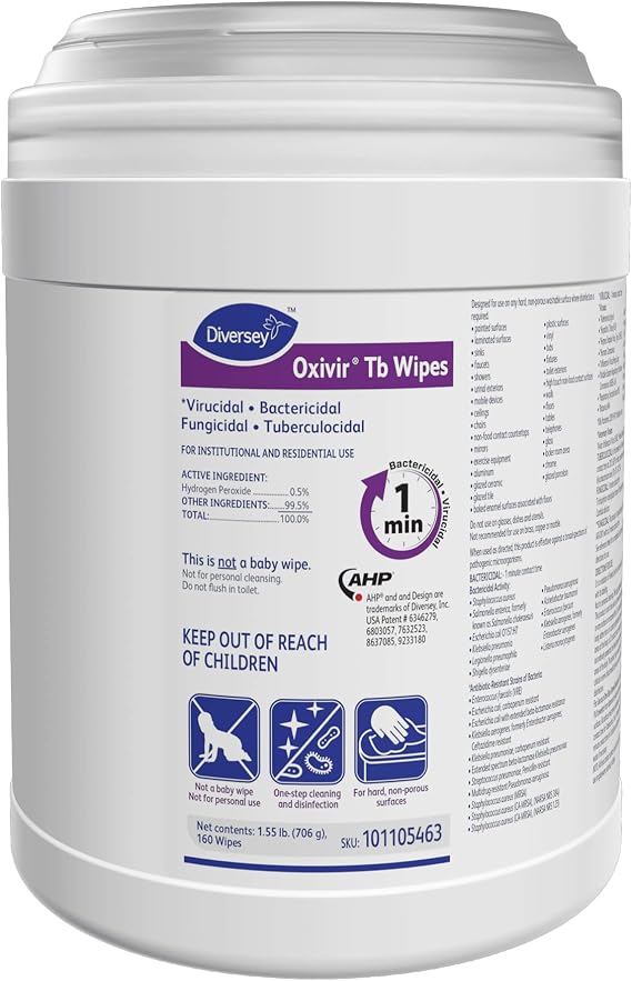 Diversey Oxivir Tb 101105463 One Step Disinfectant Cleaning Wipes For Home & Commercial Use, Accelerated Hydrogen Peroxide, Standard Sheets, 160-Wipes, 1-Canister