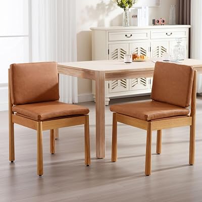Brown Dining Chairs Set of 2 Faux Leather Upholstered Dining Room Chairs Natural Wooden Kitchen Chairs Rustic Side Chairs
