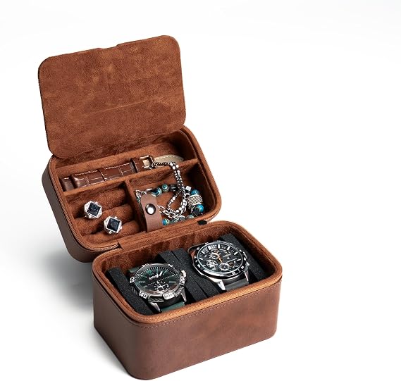 2 Slot Watch Travel Case Organizer Hard Watch Travel Box with Inserts for Rings, Cufflinks, Bracelets and Organization