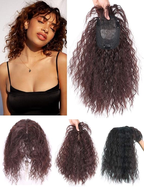 Fluffy Curly Forehead Hair Topper 35cm One Piece Clip in Hairpiece with Thick Fringe Black