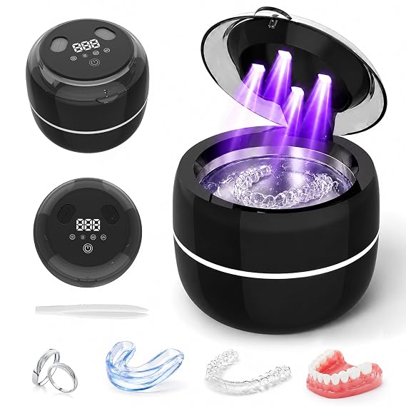 Ultrasonic Cleaner Machine 200ml Retainer Cleaner with 4 U/V Lights, 45-52kHz Dental Cleaning Pod Aligner Cleaning Ultra Sonic 4 Modes for Mouth Guards Night Guards Dentures