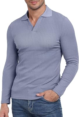 YTD Mens Muscle V Neck Polo Shirts Slim Fit Long Sleeve Golf T-Shirts Ribbed Knit Soft Casual Tees