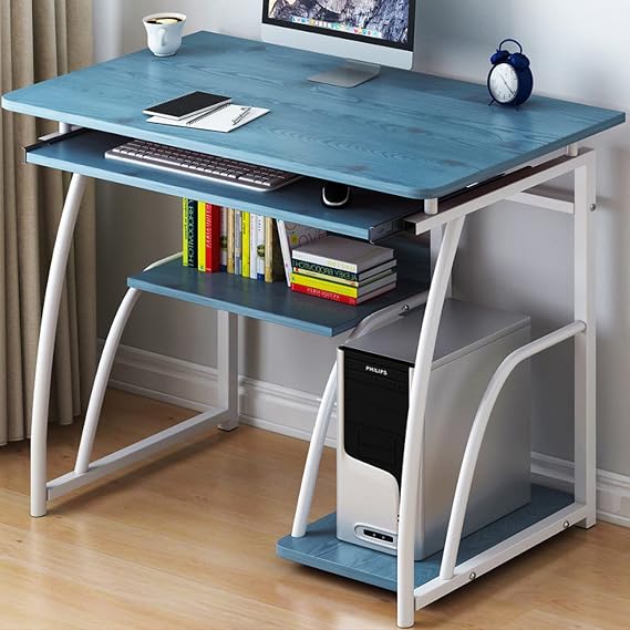 Compact Computer Desk 28" Inch Small Computer Desk with Storage Shelves and Keyboard Tray Study Table for Home Office, Blue