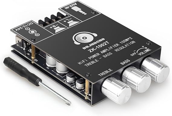 Bluetooth 100W+100W Amplifier Board with Treble and Bass Control, DC 9-24V, BT and AUX Inputs, 2.0 Channel Stereo AMP Board for DIY Wireless Speakers, Password Free