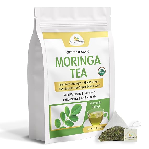 Organic Veda Moringa Tea 60 Pyramid Bags - True Green Single Origin USDA Organic Moringa Leaf Tea - cleanse, digest, metabolism, energy - Premium Harvest Peak Nutrients Tender Leaves, Caffeine Free