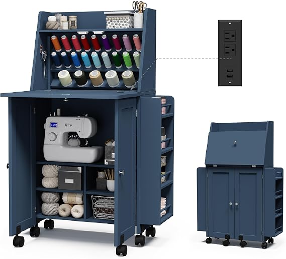 Folding Sewing Table with Charging Station & Storage, Rolling Sewing Cabinet Craft Desk with Lockable Wheels & Magnetic Doors, AC/USB Charging Station, Craft Desk for Small Spaces (Dark Blue)