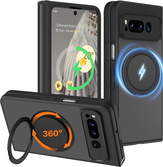 HikerClub Magnetic Stand Case for Pixel Fold (2023), 360 Rotatable Ring Holder, Slim Fit Anti-Scratch Translucent Frosted Black Shockproof Case