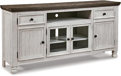 Signature Design by Ashley Havalance Farmhouse TV Stand Fits TVs up to 72, 4 Cabinets and Shelves For Storage, Vintage White & Weathered Gray
