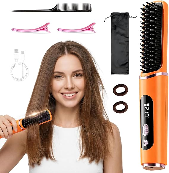 Cordless 2 in 1 Ceramic Travel Hair Straightener Brush
