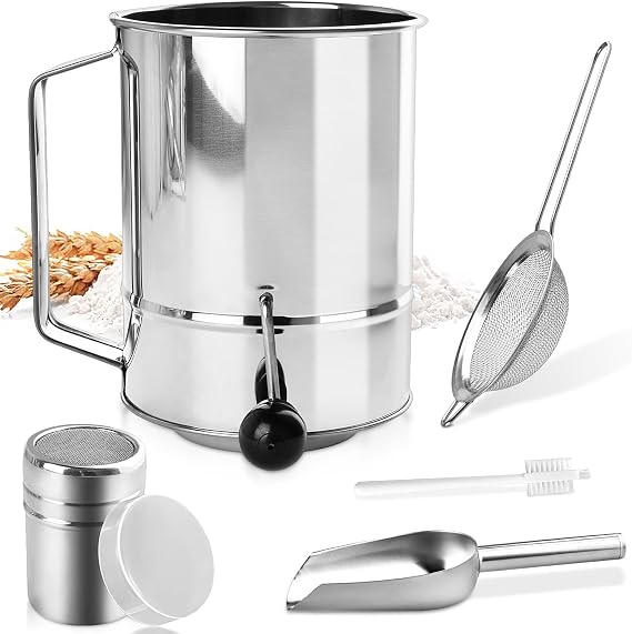 Stainless Steel 5 Cup Flour Sifter, 4 in 1 Baking Sifter with Powder Sugar Shaker Duster, Strainers Fine Mesh and Metal Scoop, Fine Sifter for Baking Cakes, Pies, Cupcakes, Desserts