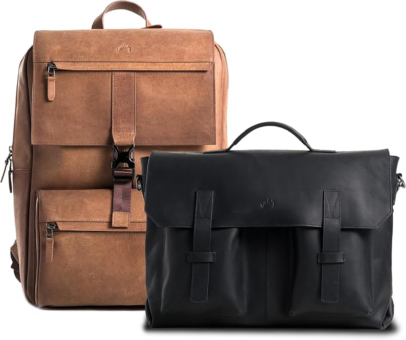 VELEZ Brown Top Grain Leather Backpack + Black Messenger Bag for Men