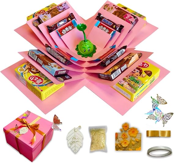 Surprise Box 5-layer set, suitable for holding snacks, photos, cash,  with double-sided tape, ribbons, and laser butterflies. It is ideal for use as a birthday gift,or Valentine's Day surprise gift. Dimensions: 9x9x6.3 inches.(pink)