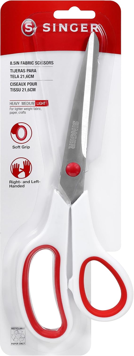 SINGER 8.5" Fabric Scissors, Comfort Grip, Red & White, Dressmaker Shears