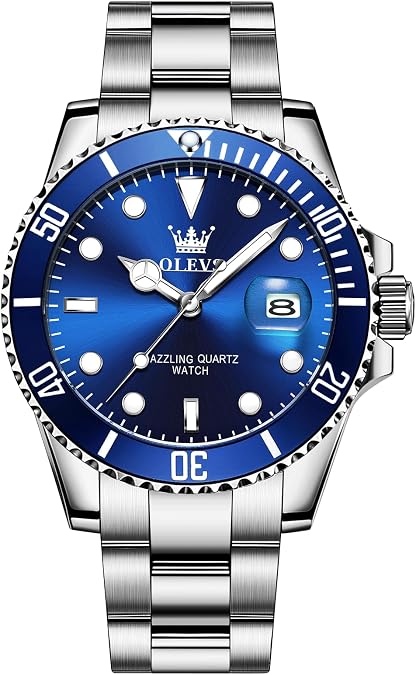 OLEVS Men's Stainless Steel Watches, Large Face Casual Three Hands Analog Quartz Watch, Easy to Read Rotating Bezel Date Waterproof Luminous Dress Watches for Men