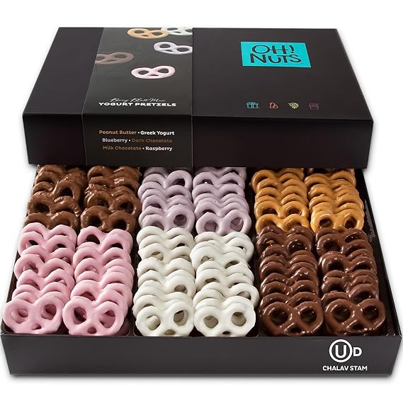 Oh! Nuts Chocolate Covered Pretzel Gift Baskets - 100 Mini Chocolates Pretzels Gifts Basket - 6 Assorted Flavors Snacks Box - Chocolate Tray for Holiday, Birthday, Corporate, Men & Women