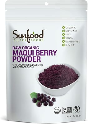 Sunfood Superfoods Organic Maqui Berry Powder - Raw | 8 oz. Bag, 37 Servings | Freeze Dried to Maintain Nutritional Integrity, Antioxidants-rich | Superfood for Smoothies, Yogurt, Desserts | Non-GMO