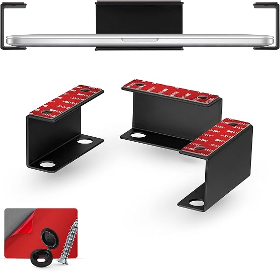Under Desk Laptop Holder Mount For Desk, Adhesive & Screw In, Devices upto 1.5" Thick like Macbooks, Surface, Keyboard, Routers, Modems, Cable Box, Network Switch & More (Metal Black) By Brainwavz
