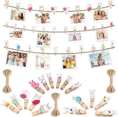 XDW-GIFTS Clothespins 32PCS Wooden Photo Easter Bunny Clips Crafts,1.38 Inch with Jute Twine Clothes Pins,Decorative Decoration for Baby Shower,Holiday