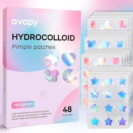 Pimple Patches for Face, Cute Hydrocolloid Acne Patches, Colorful Hologram Star Sport Stickers, Zits & Blemish, Pimple Patch with Salicylic Acid, Blue Pink Heart Moon Butterfly (48 Count)