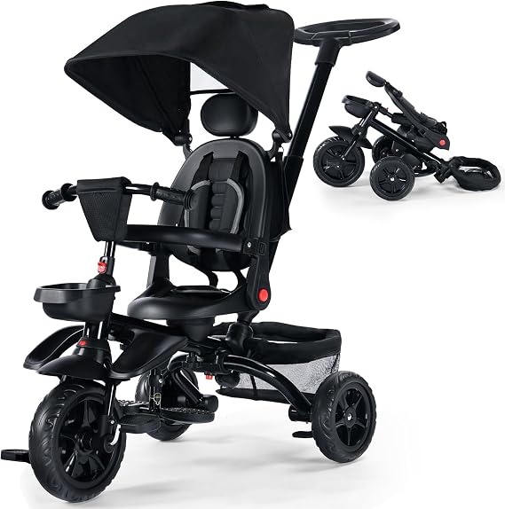 Kinder King Kids Tricycle, 7 in 1 Folding Toddler Trike w/Adjustable Push Handle, Rotatable Seat, Adjustable Canopy, Safety Harness, Storage, Toddler Bike for Age 6 Months+,Black