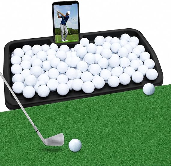 Japard Golf Ball Tray 100 Balls Holder for Practice Mat, 23.2" Wide Black | Built-In Phone Holder for Swing Recording Large Capacity for Simulator Practice Indoor Outdoor