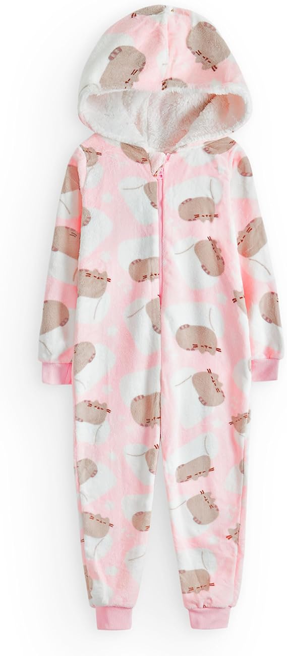 Pusheen The Cat Onesie For Girls | Kids Teens Pink Multi Brown OR Character Options Cat Pajamas | Sherpa Fleece Hood with Zip