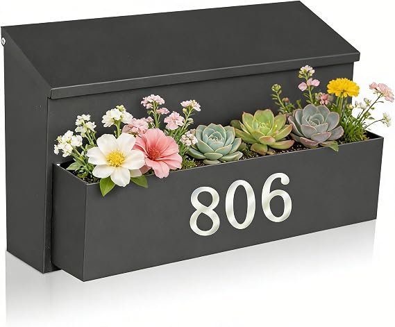 Ydocabinit Wall Mount Mailbox, Large Capacity for House, Outside, with 3 Sets of 0-9 Number Stickers & Flower Planter, Galvanized Steel Rust-Proof Metal Post Drop Box, 15.74"9.84"6.41" Black