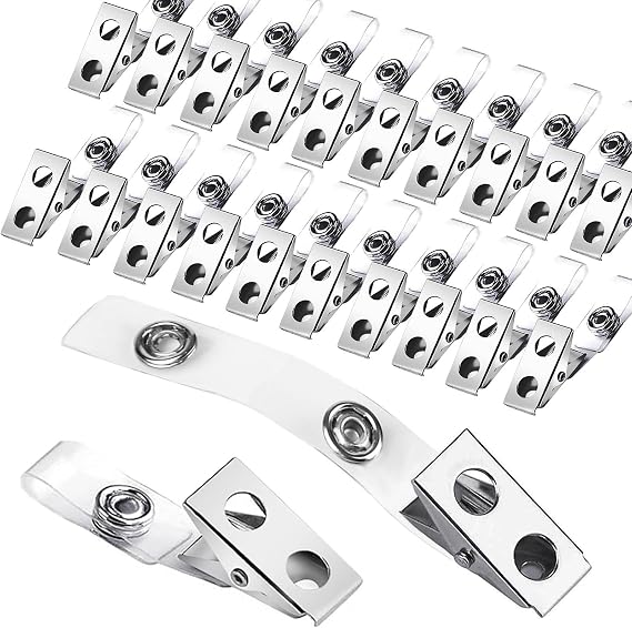 300 Pcs Metal ID Strap Clips with Clear PVC Straps - Double Holes Badge Holders for Work Badges
